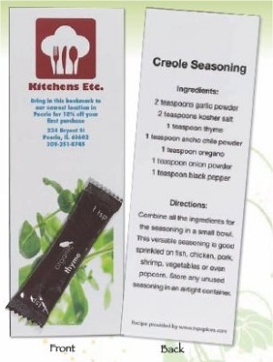 Front and Back View of Recipe Bookmarks with Spice Packets and custom imprint